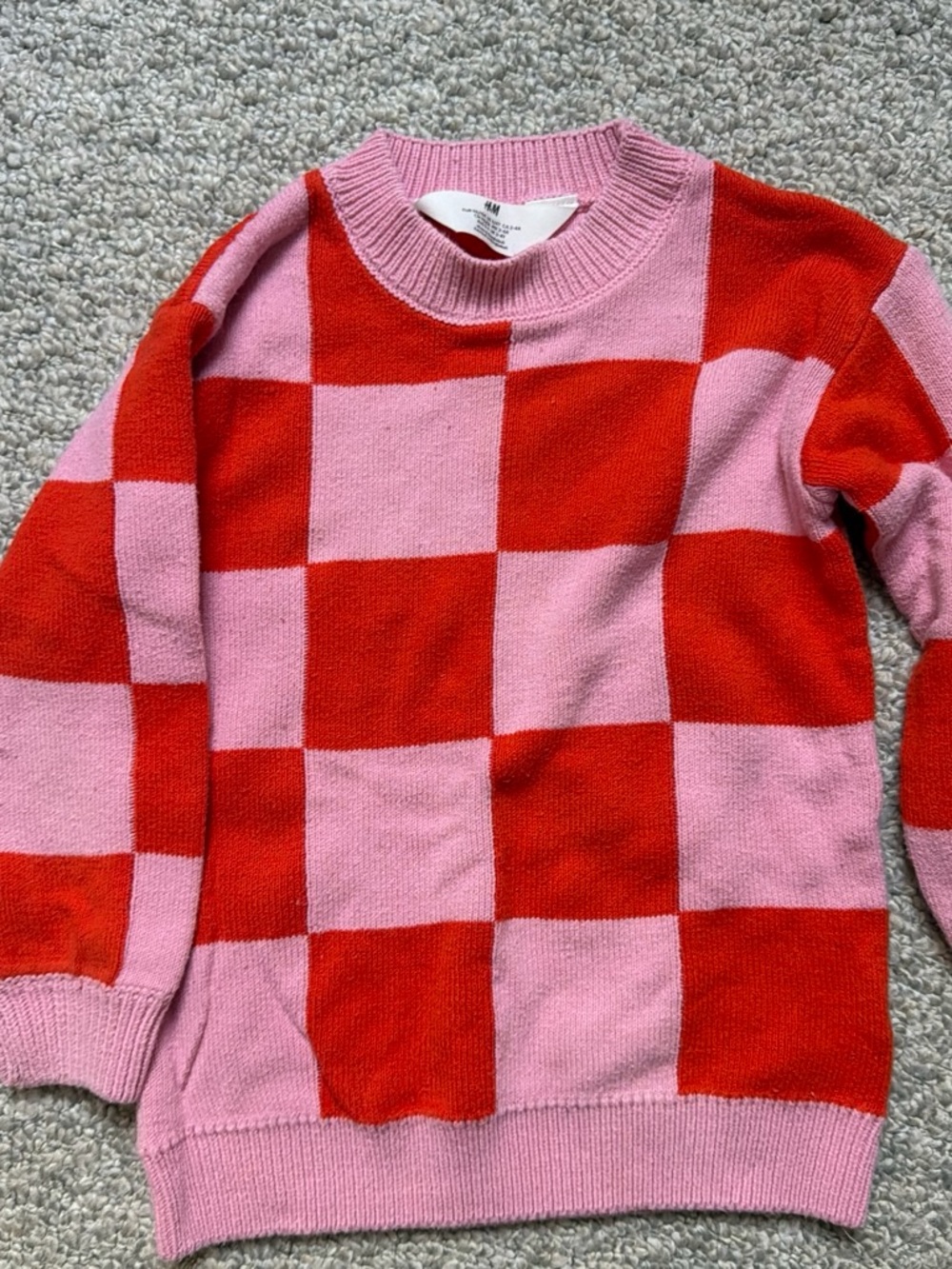 H&M Red and Pink Checkerboard Crewneck Sweater
